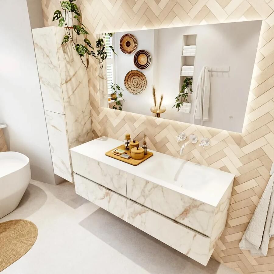 Mondiaz VICA 140cm badmeubel onderkast Carrara 4 lades. Wastafel CLOUD rechts zonder kraangat kleur Talc. - Foto 2