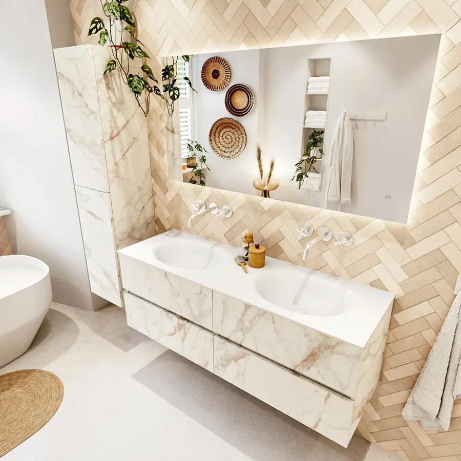 Mondiaz VICA 140cm badmeubel onderkast Carrara 4 lades. Wastafel MOON dubbel zonder kraangat kleur Talc.