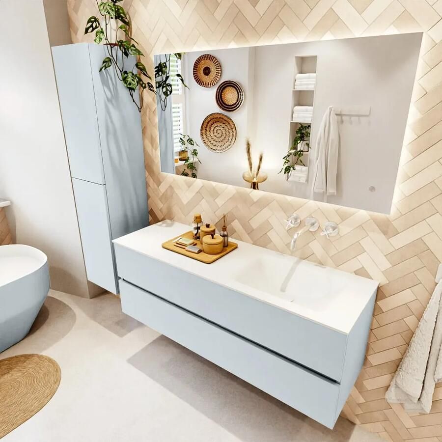 Mondiaz VICA 140cm badmeubel onderkast Clay 2 lades. Wastafel CLOUD rechts zonder kraangat kleur Talc.