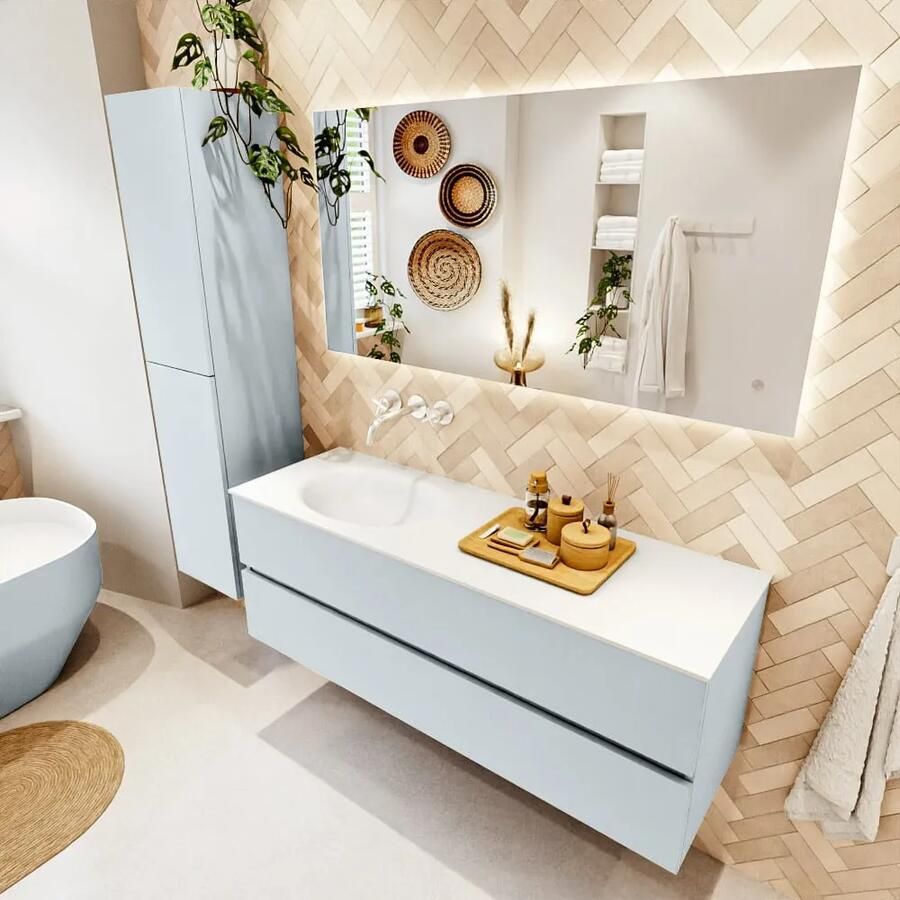 Mondiaz VICA 140cm badmeubel onderkast Clay 2 lades. Wastafel MOON links zonder kraangat kleur Talc.