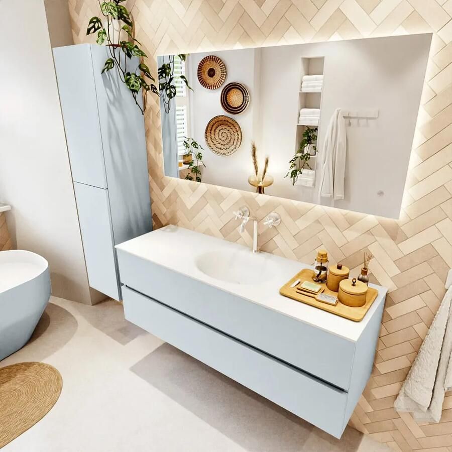 Mondiaz VICA 140cm badmeubel onderkast Clay 2 lades. Wastafel MOON midden 1 kraangat kleur Talc.