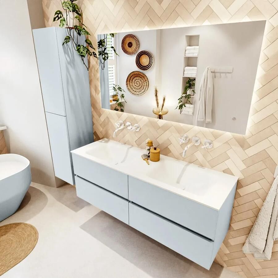 Mondiaz VICA 140cm badmeubel onderkast Clay 4 lades. Wastafel CLOUD dubbel zonder kraangat kleur Talc.