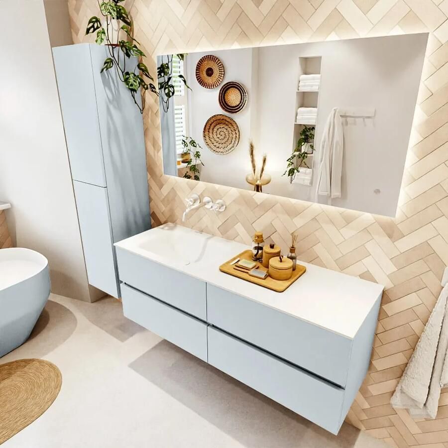 Mondiaz VICA 140cm badmeubel onderkast Clay 4 lades. Wastafel CLOUD links zonder kraangat kleur Talc.