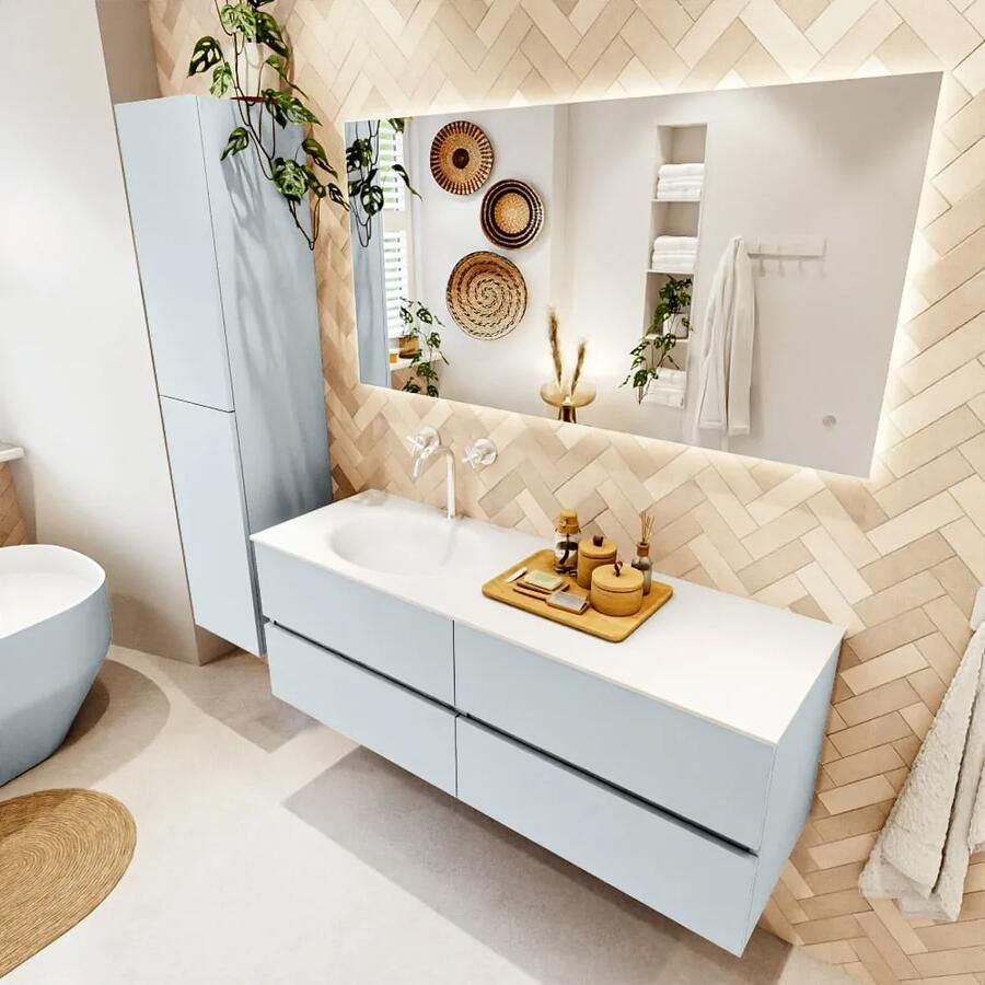 Mondiaz VICA 140cm badmeubel onderkast Clay 4 lades. Wastafel MOON links 1 kraangat kleur Talc.