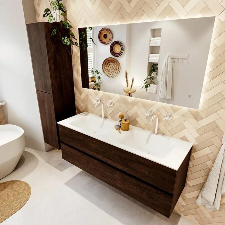 Mondiaz VICA 140cm badmeubel onderkast Dark Brown 2 lades. Wastafel CLOUD dubbel 2 kraangaten kleur Talc. - Foto 2