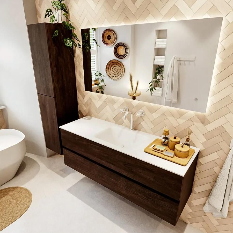 Mondiaz VICA 140cm badmeubel onderkast Dark Brown 2 lades. Wastafel CLOUD midden 1 kraangat kleur Talc.