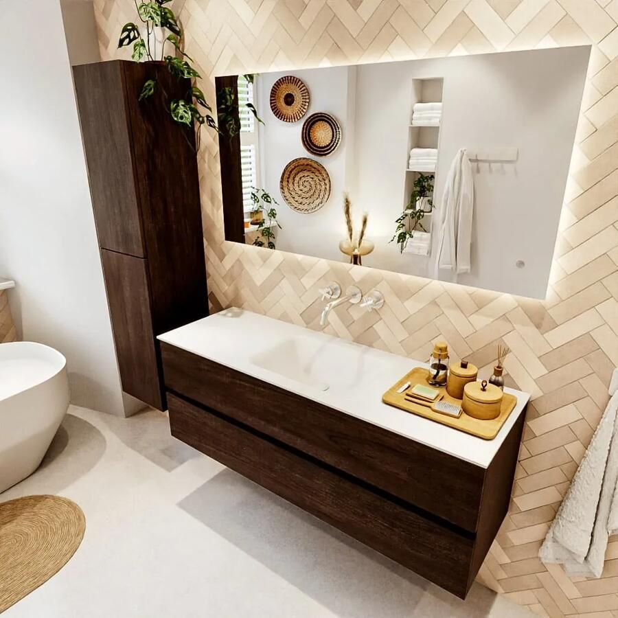 Mondiaz VICA 140cm badmeubel onderkast Dark Brown 2 lades. Wastafel CLOUD midden zonder kraangat kleur Talc.