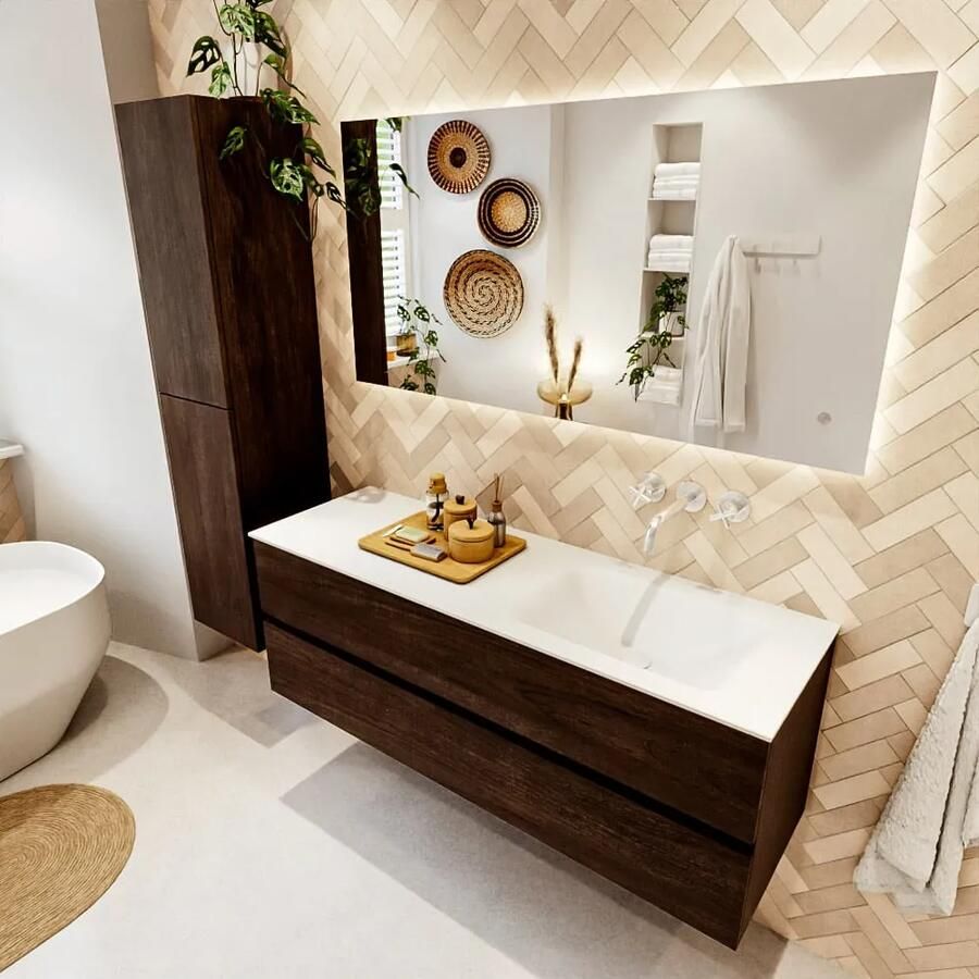 Mondiaz VICA 140cm badmeubel onderkast Dark Brown 2 lades. Wastafel CLOUD rechts zonder kraangat kleur Talc. - Foto 2