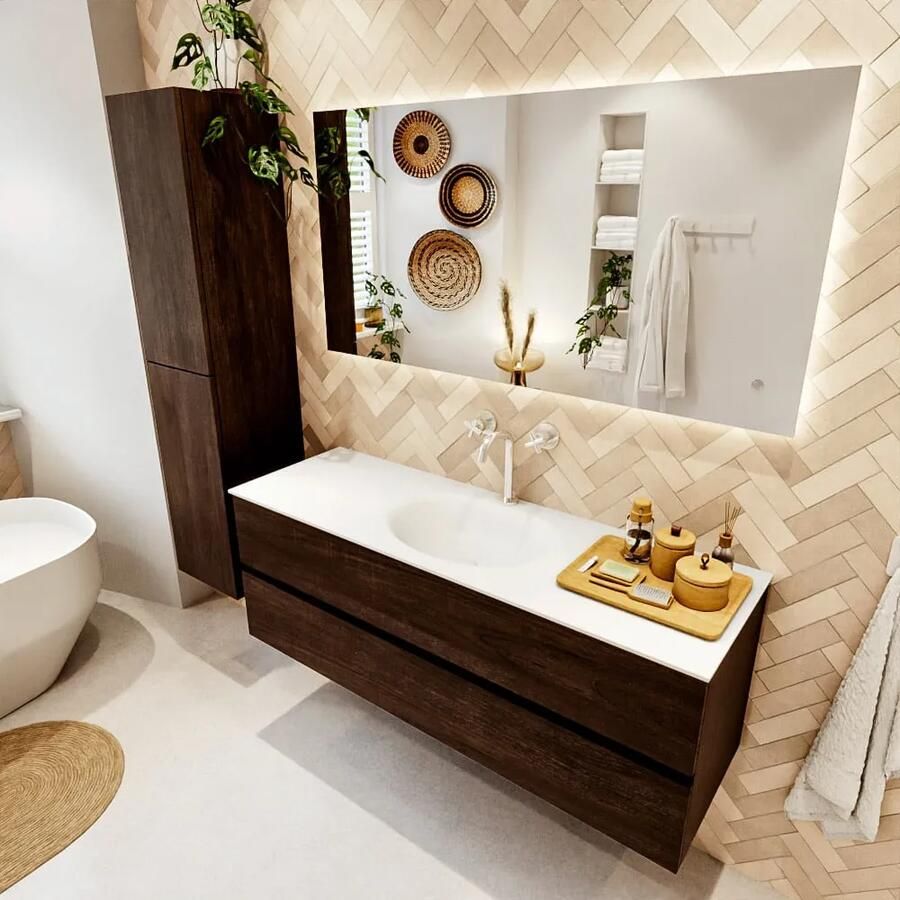 Mondiaz VICA 140cm badmeubel onderkast Dark Brown 2 lades. Wastafel MOON midden 1 kraangat kleur Talc. - Foto 2