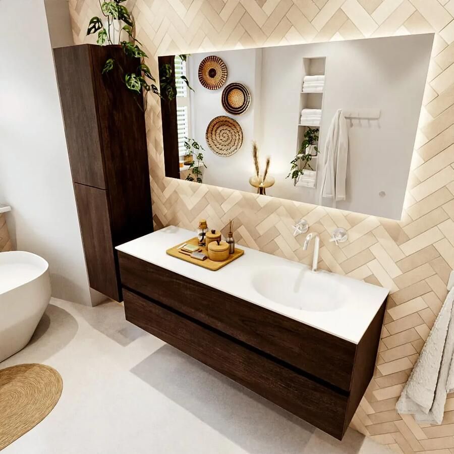 Mondiaz VICA 140cm badmeubel onderkast Dark Brown 2 lades. Wastafel MOON rechts 1 kraangat kleur Talc. - Foto 2