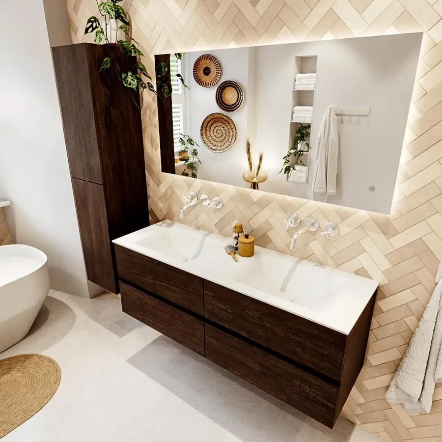Mondiaz VICA 140cm badmeubel onderkast Dark Brown 4 lades. Wastafel CLOUD dubbel zonder kraangat kleur Talc. - Foto 2