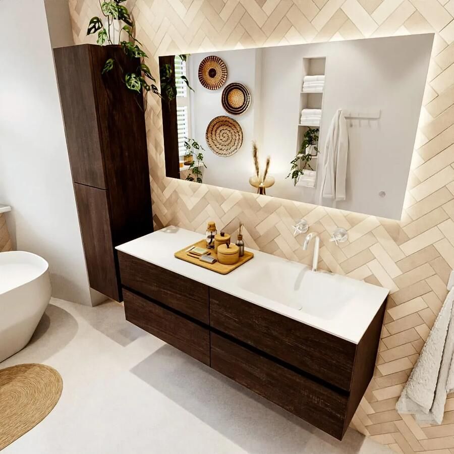 Mondiaz VICA 140cm badmeubel onderkast Dark Brown 4 lades. Wastafel CLOUD rechts 1 kraangat kleur Talc. - Foto 2