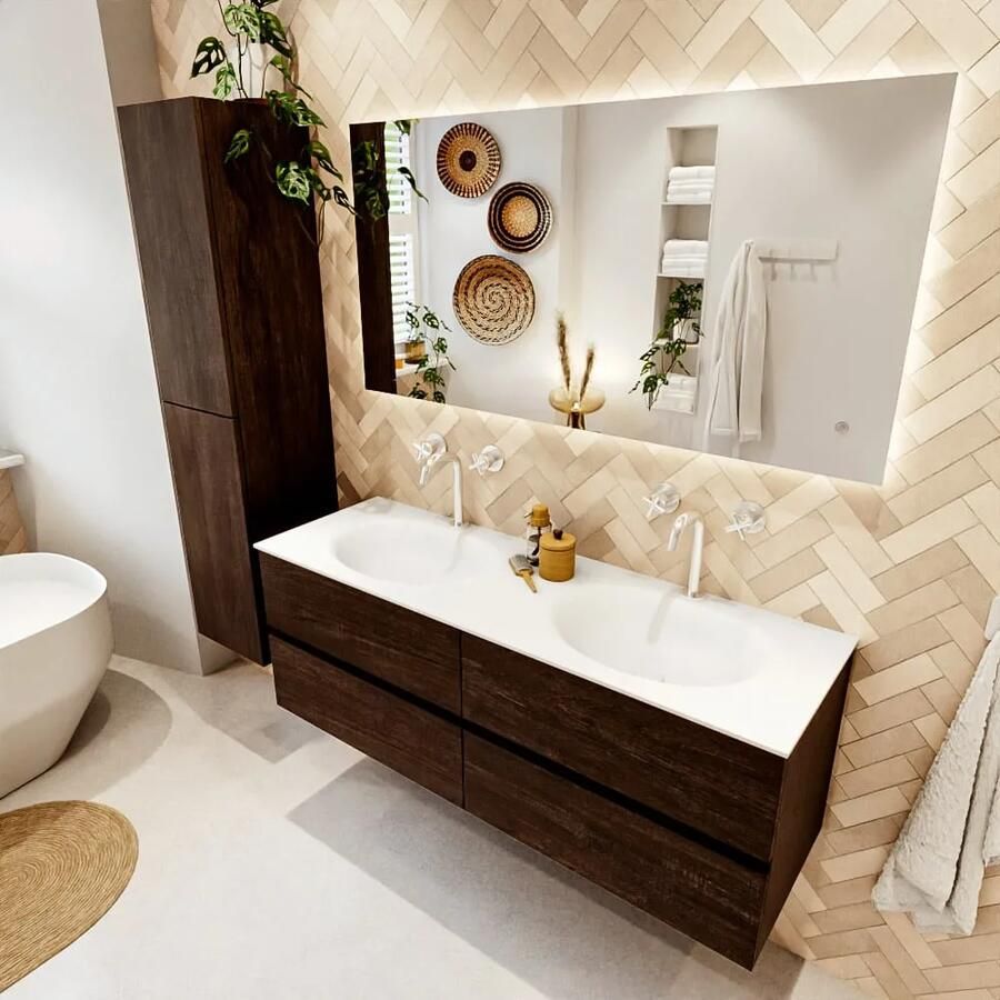 Mondiaz VICA 140cm badmeubel onderkast Dark Brown 4 lades. Wastafel MOON dubbel 2 kraangaten kleur Talc. - Foto 2