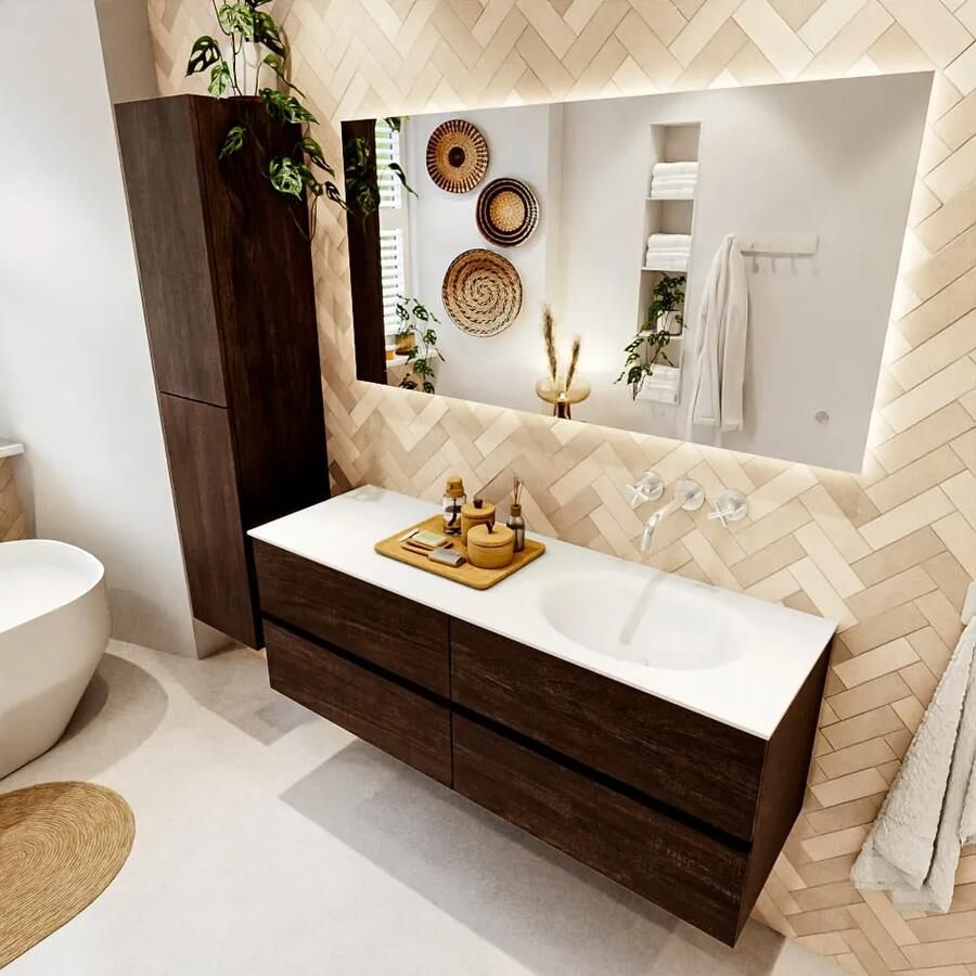 Mondiaz VICA 140cm badmeubel onderkast Dark Brown 4 lades. Wastafel MOON rechts zonder kraangat kleur Talc. - Foto 2