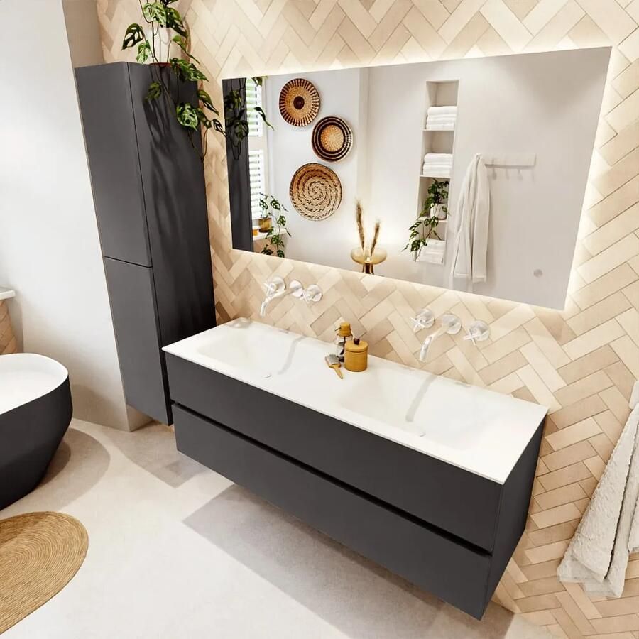 Mondiaz VICA 140cm badmeubel onderkast Dark Grey 2 lades. Wastafel CLOUD dubbel zonder kraangat kleur Talc.