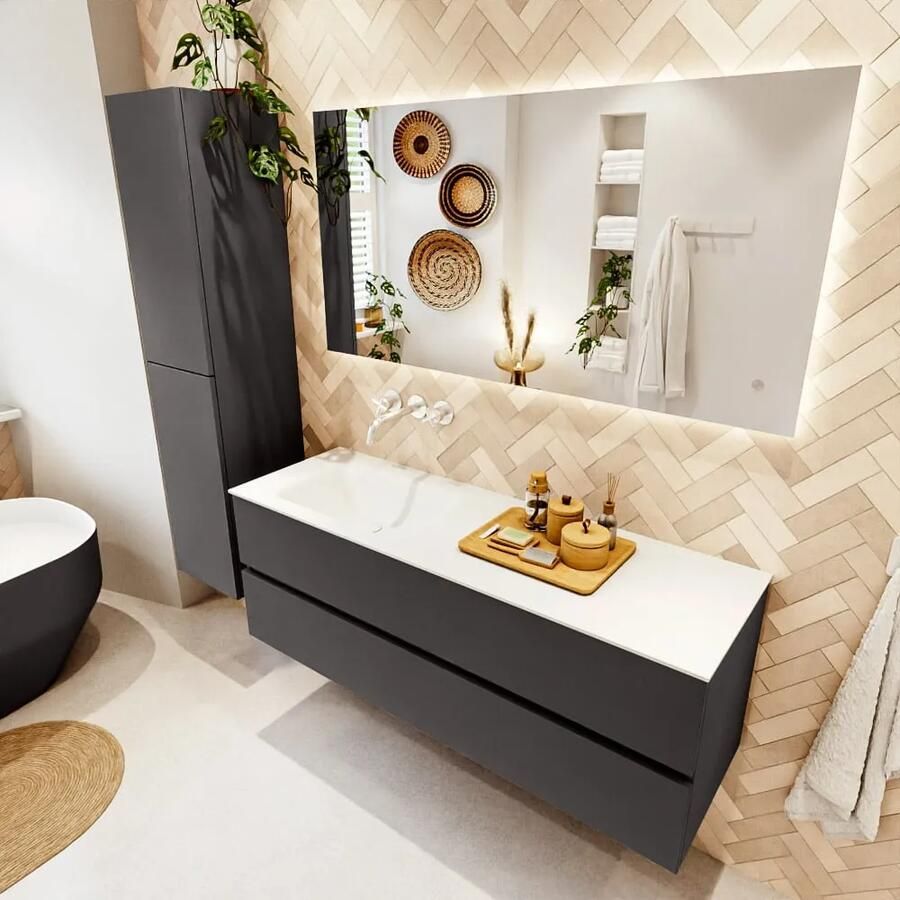 Mondiaz VICA 140cm badmeubel onderkast Dark Grey 2 lades. Wastafel CLOUD links zonder kraangat kleur Talc.