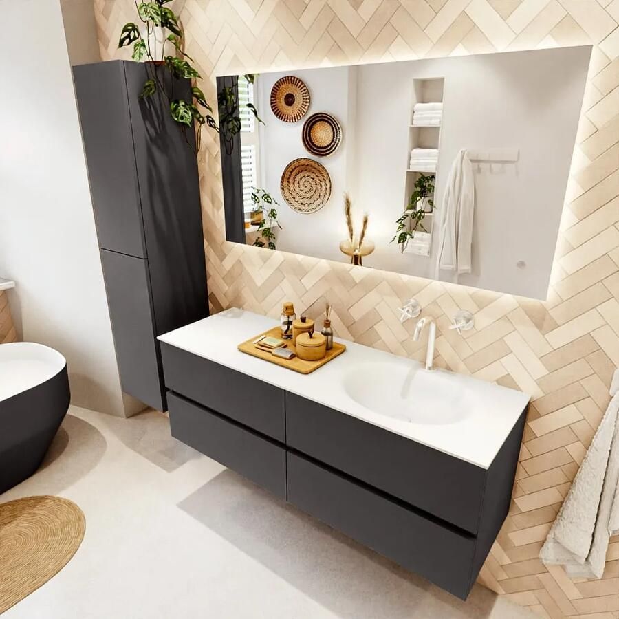 Mondiaz VICA 140cm badmeubel onderkast Dark Grey 4 lades. Wastafel MOON rechts 1 kraangat kleur Talc.