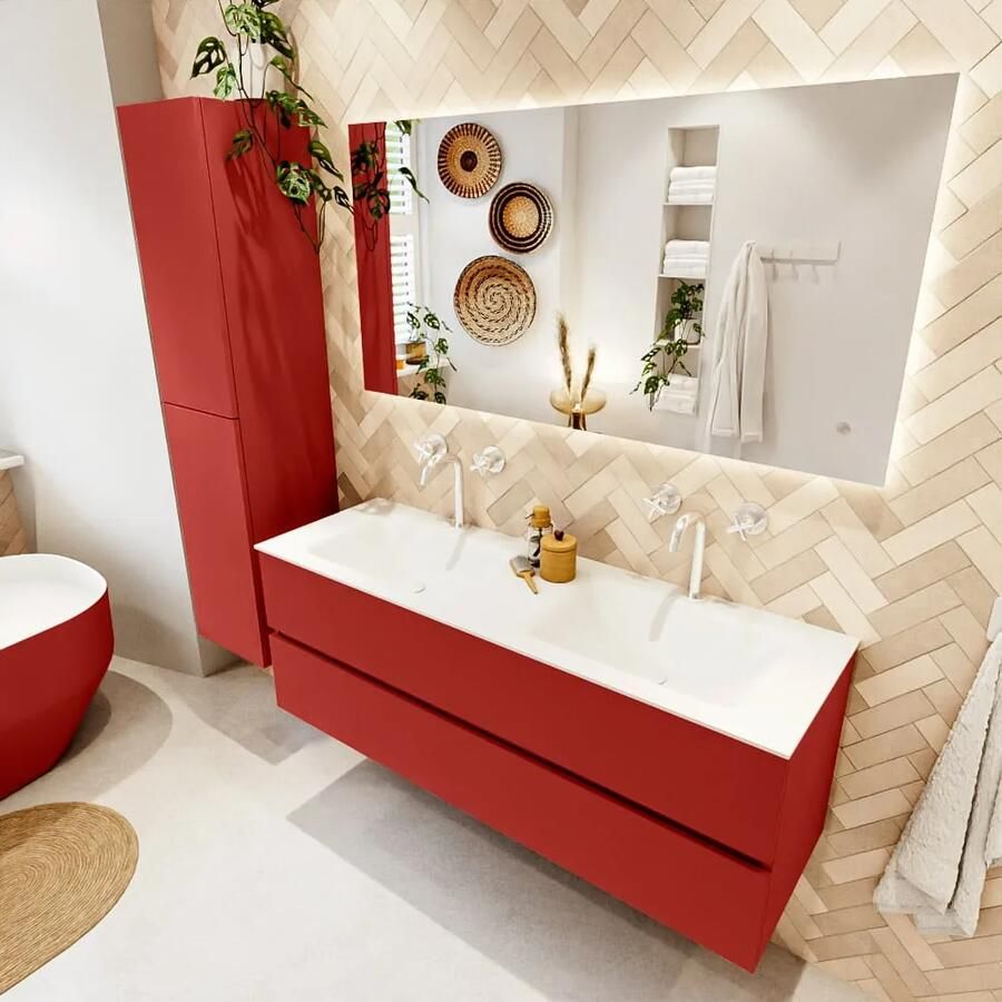 Mondiaz VICA 140cm badmeubel onderkast Fire 2 lades. Wastafel CLOUD dubbel 2 kraangaten kleur Talc.