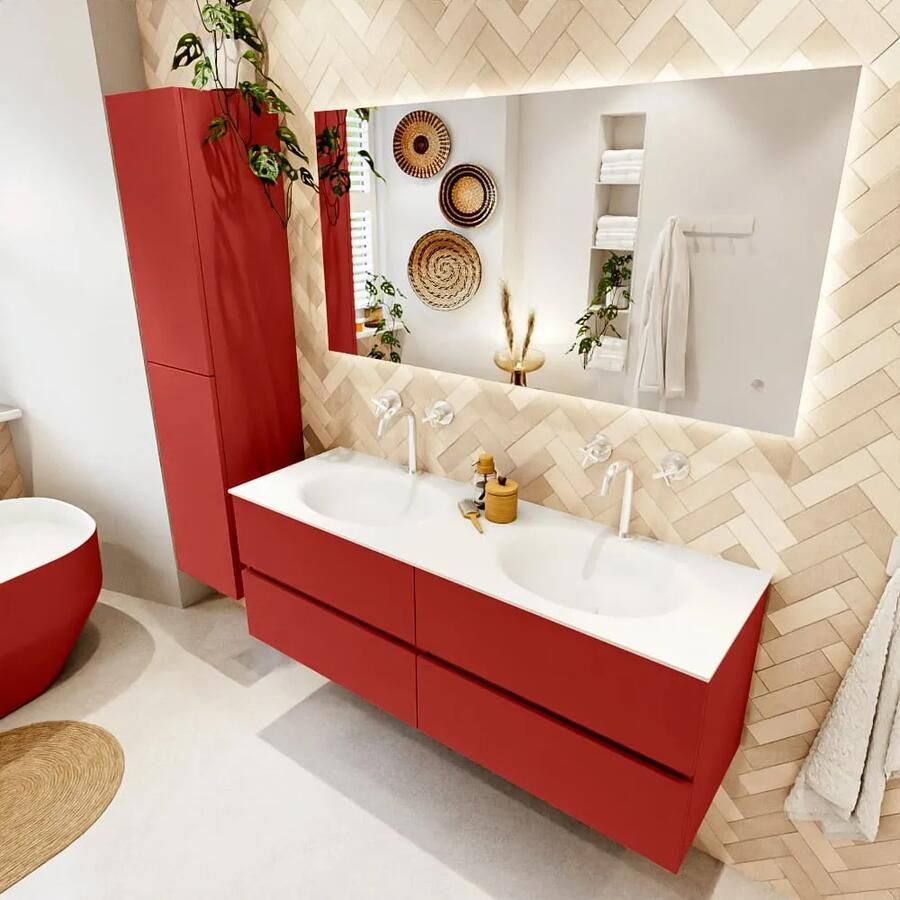 Mondiaz VICA 140cm badmeubel onderkast Fire 4 lades. Wastafel MOON dubbel 2 kraangaten kleur Talc.