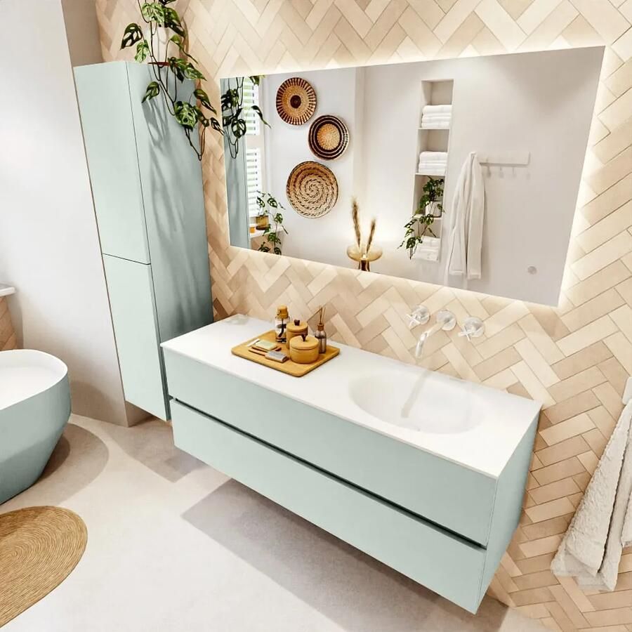 Mondiaz VICA 140cm badmeubel onderkast Greey 2 lades. Wastafel MOON rechts zonder kraangat kleur Talc.