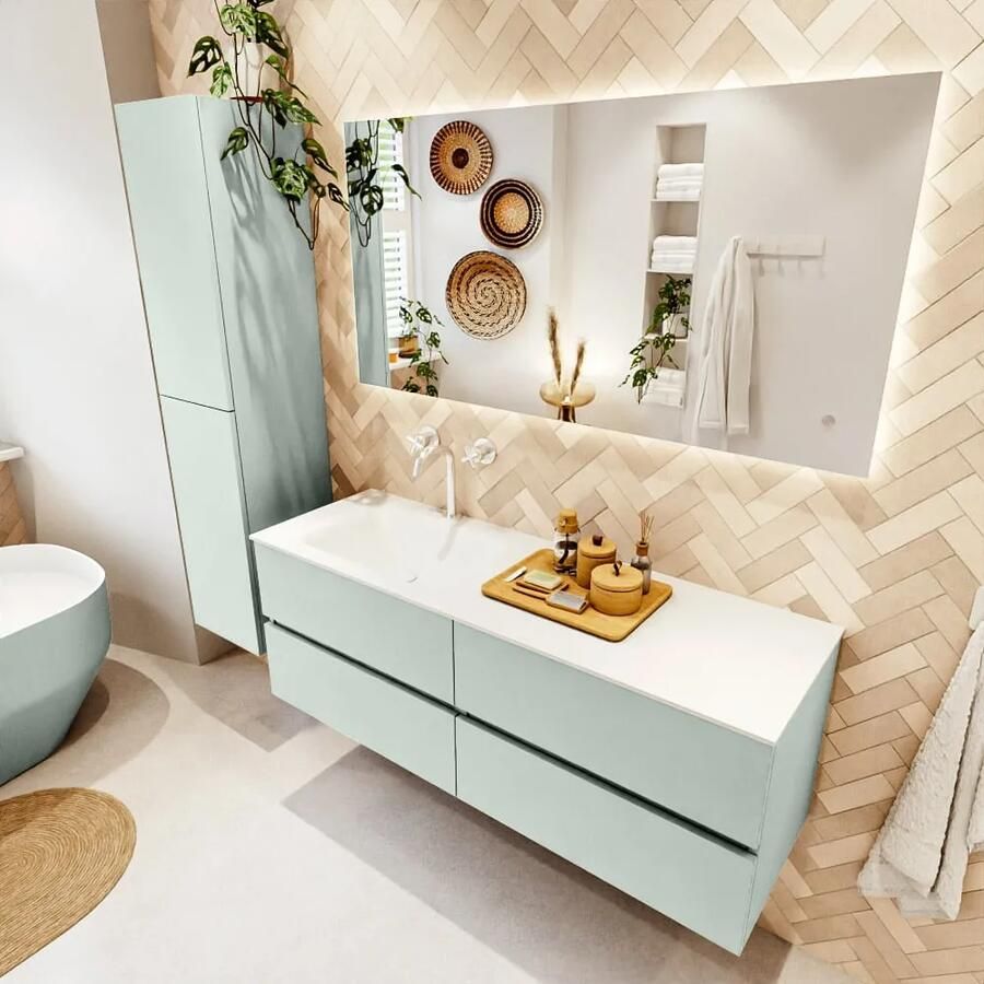 Mondiaz VICA 140cm badmeubel onderkast Greey 4 lades. Wastafel CLOUD links 1 kraangat kleur Talc.