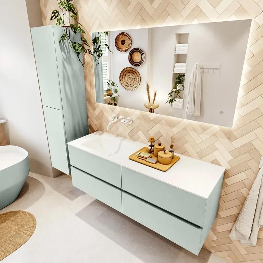 Mondiaz VICA 140cm badmeubel onderkast Greey 4 lades. Wastafel CLOUD links zonder kraangat kleur Talc.