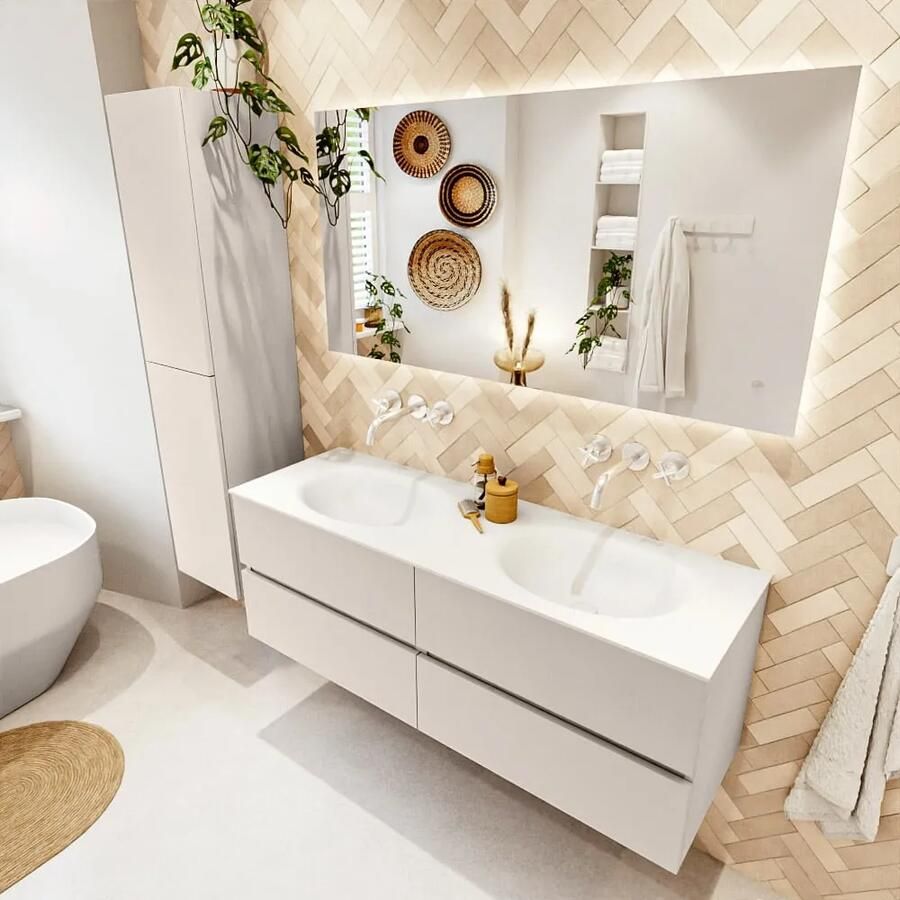 Mondiaz VICA 140cm badmeubel onderkast Linen 4 lades. Wastafel MOON dubbel zonder kraangat kleur Talc. - Foto 2