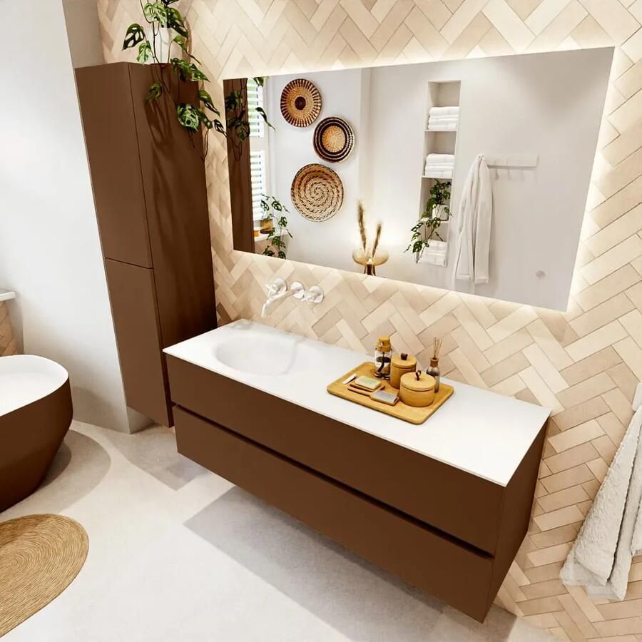 Mondiaz VICA 140cm badmeubel onderkast Rust 2 lades. Wastafel MOON links zonder kraangat kleur Talc.