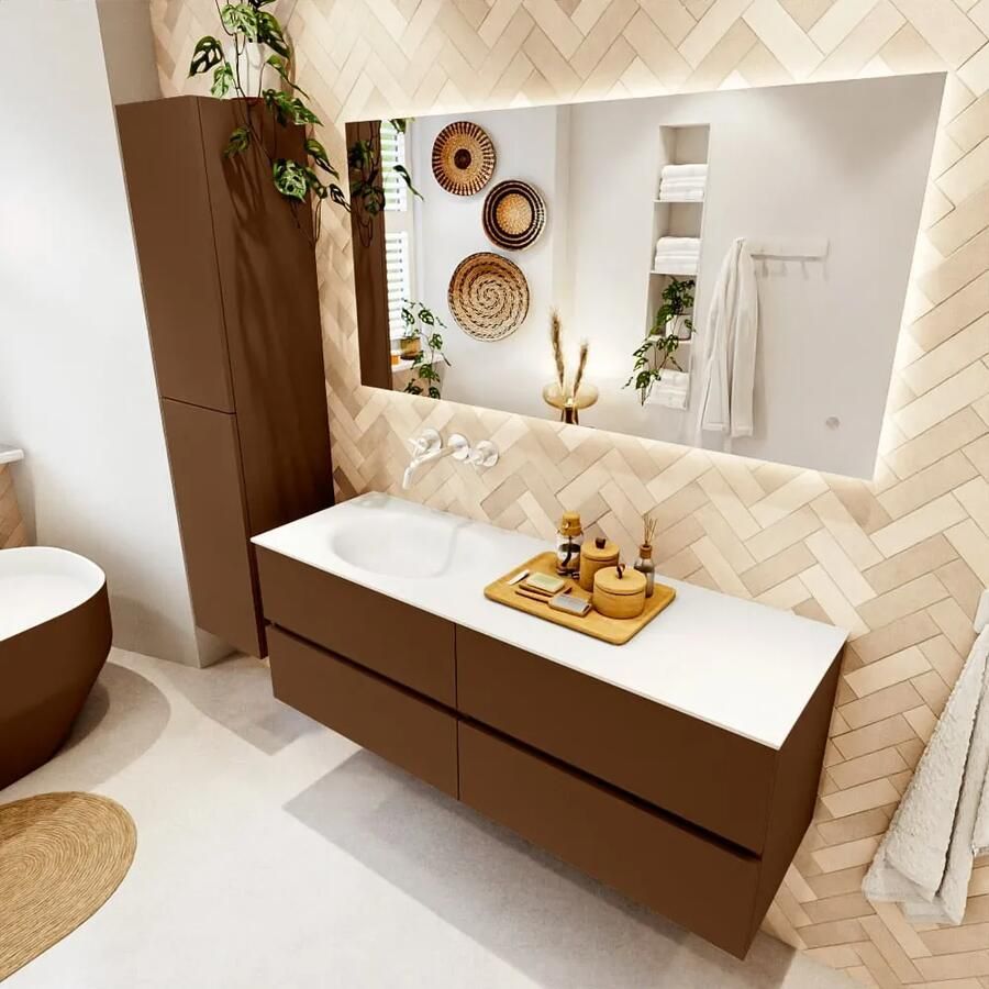 Mondiaz VICA 140cm badmeubel onderkast Rust 4 lades. Wastafel MOON links zonder kraangat kleur Talc.