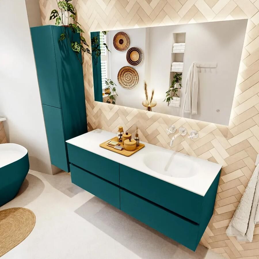 Mondiaz VICA 140cm badmeubel onderkast Smag 4 lades. Wastafel MOON rechts zonder kraangat kleur Talc.