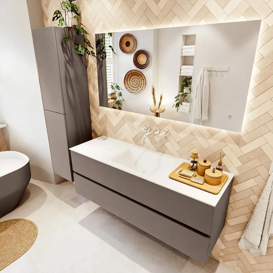 Mondiaz VICA 140cm badmeubel onderkast Smoke 2 lades. Wastafel CLOUD midden zonder kraangat kleur Talc.