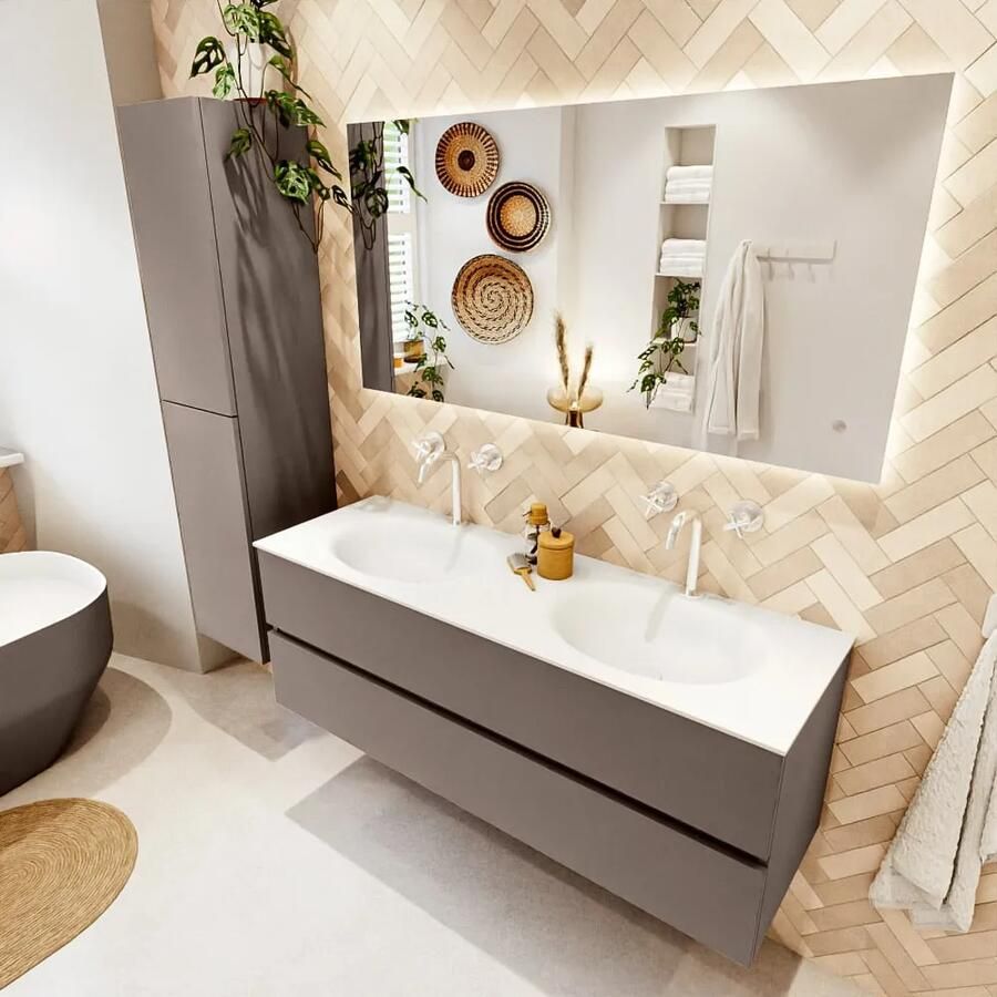 Mondiaz VICA 140cm badmeubel onderkast Smoke 2 lades. Wastafel MOON dubbel 2 kraangaten kleur Talc.