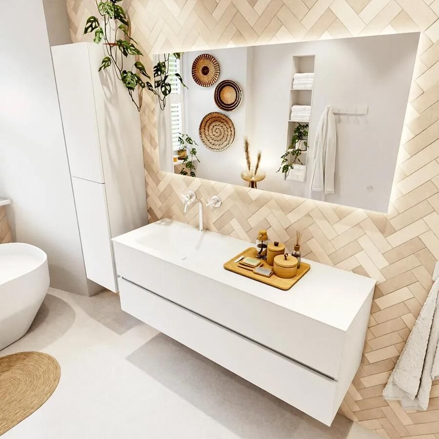 Mondiaz VICA 140cm badmeubel onderkast Talc 2 lades. Wastafel CLOUD links 1 kraangat kleur Talc. - Foto 2