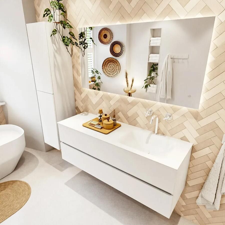 Mondiaz VICA 140cm badmeubel onderkast Talc 2 lades. Wastafel CLOUD rechts 1 kraangat kleur Talc.