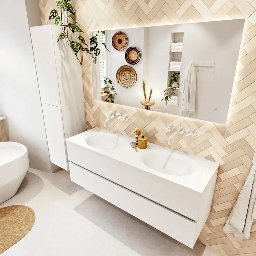 Mondiaz VICA 140cm badmeubel onderkast Talc 2 lades. Wastafel MOON dubbel zonder kraangat kleur Talc.