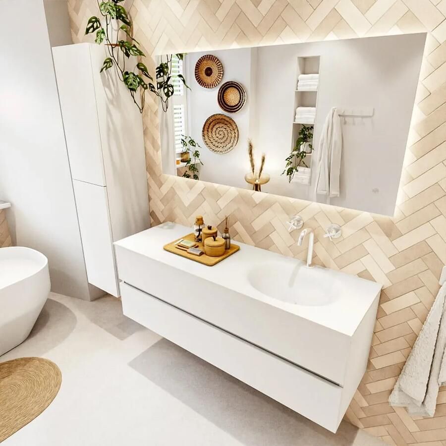 Mondiaz VICA 140cm badmeubel onderkast Talc 2 lades. Wastafel MOON rechts 1 kraangat kleur Talc.