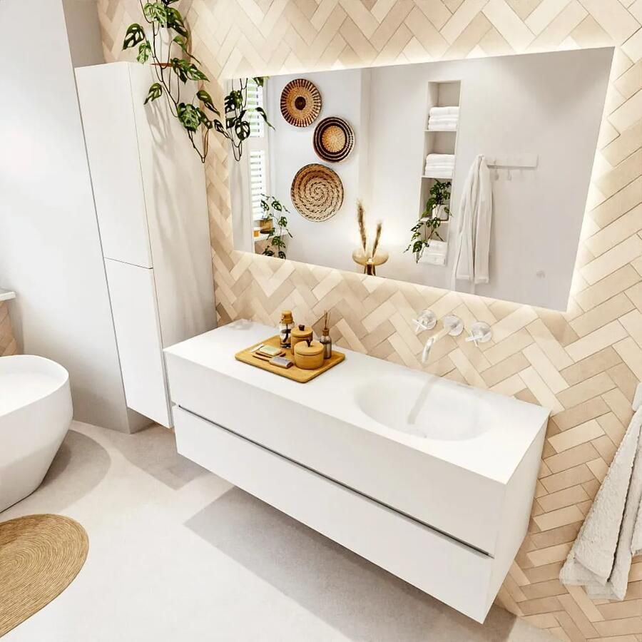 Mondiaz VICA 140cm badmeubel onderkast Talc 2 lades. Wastafel MOON rechts zonder kraangat kleur Talc.