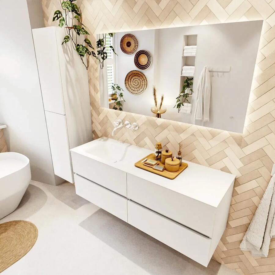 Mondiaz VICA 140cm badmeubel onderkast Talc 4 lades. Wastafel CLOUD links zonder kraangat kleur Talc. - Foto 2