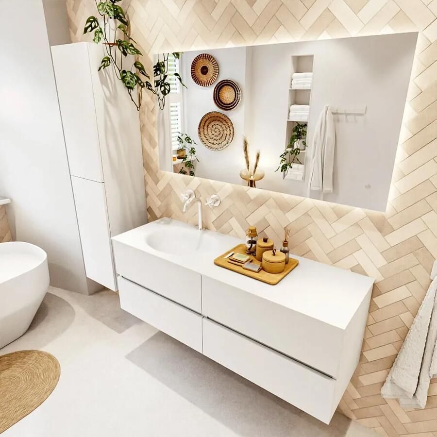 Mondiaz VICA 140cm badmeubel onderkast Talc 4 lades. Wastafel MOON links 1 kraangat kleur Talc.