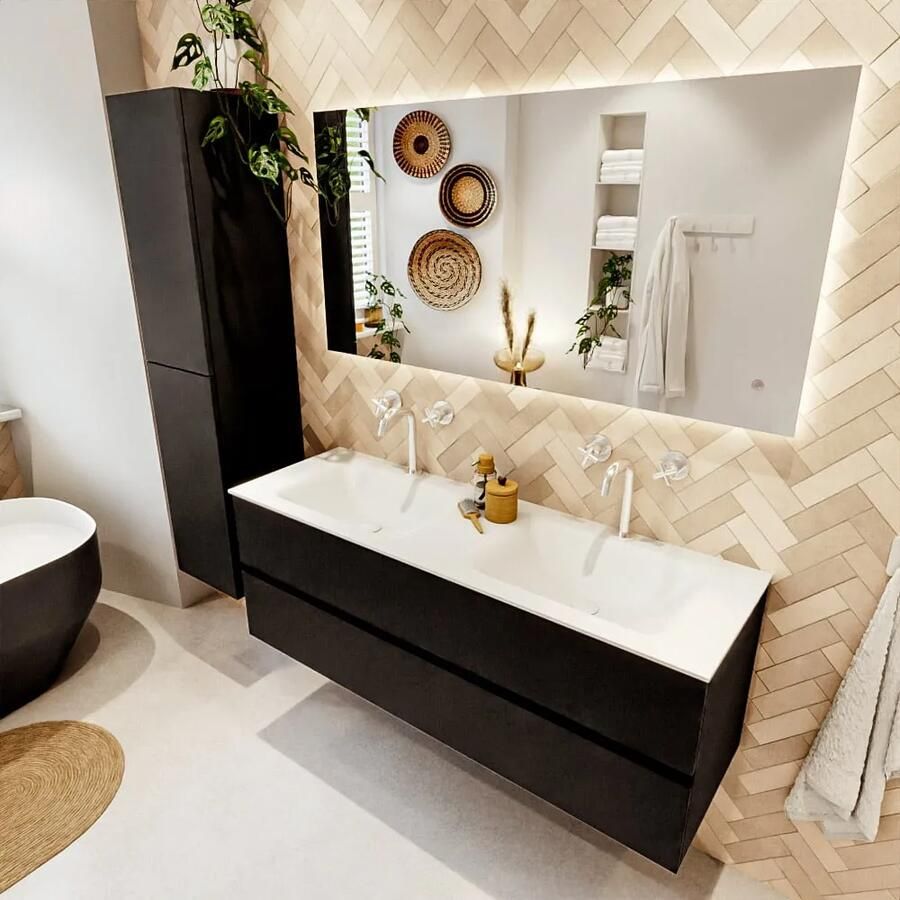Mondiaz VICA 140cm badmeubel onderkast Urban 2 lades. Wastafel CLOUD dubbel 2 kraangaten kleur Talc.