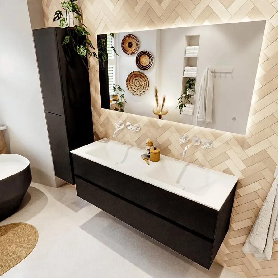 Mondiaz VICA 140cm badmeubel onderkast Urban 2 lades. Wastafel CLOUD dubbel zonder kraangat kleur Talc.