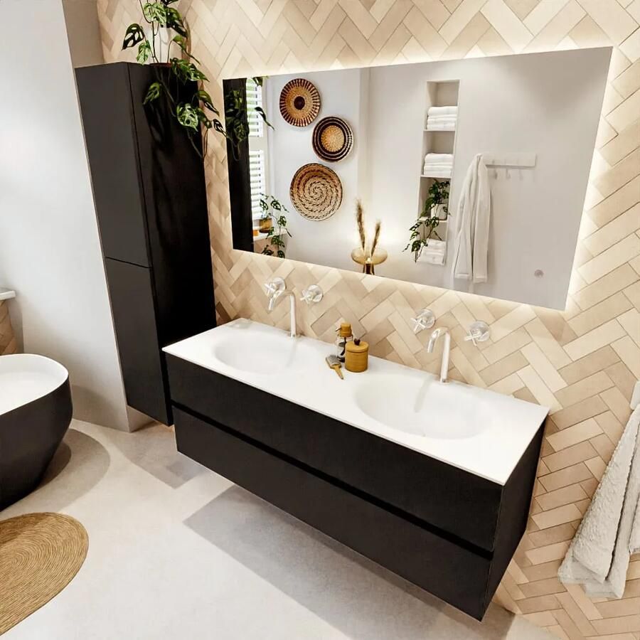 Mondiaz VICA 140cm badmeubel onderkast Urban 2 lades. Wastafel MOON dubbel 2 kraangaten kleur Talc.