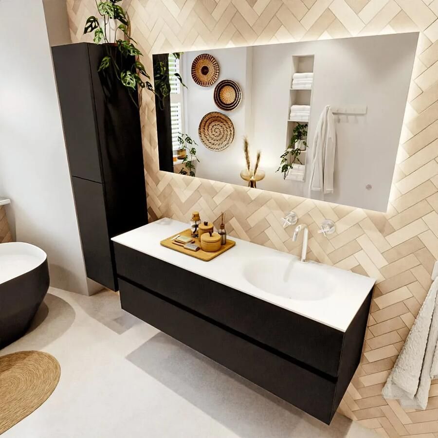 Mondiaz VICA 140cm badmeubel onderkast Urban 2 lades. Wastafel MOON rechts 1 kraangat kleur Talc.