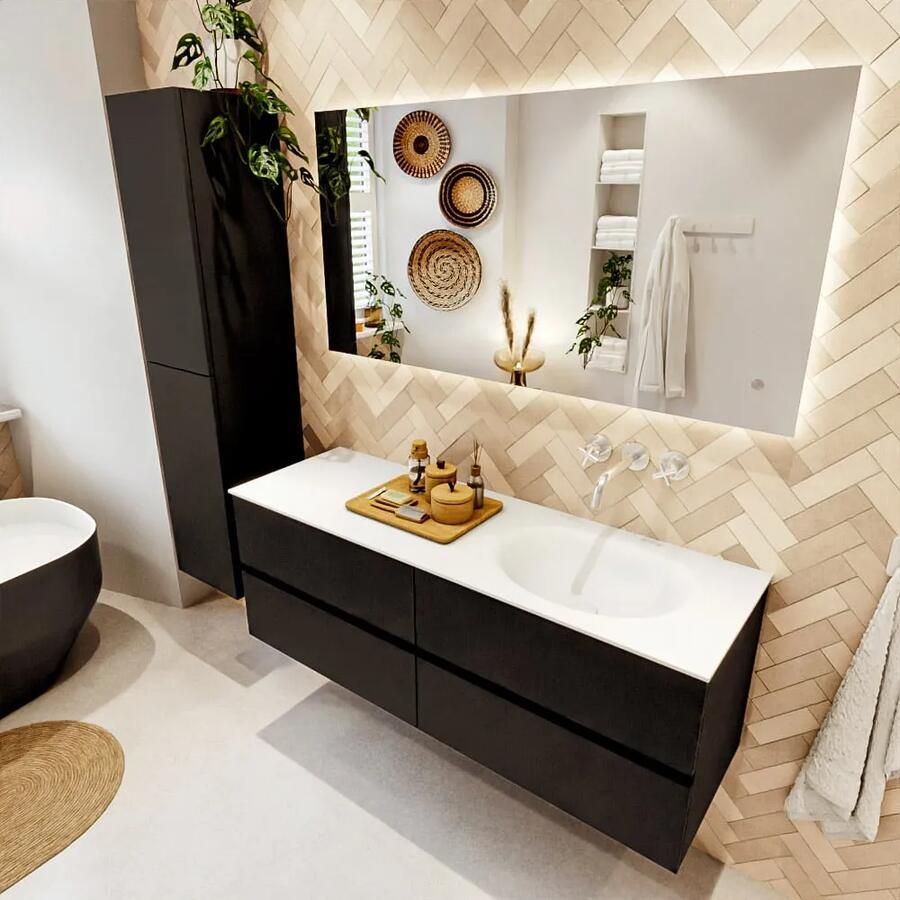 Mondiaz VICA 140cm badmeubel onderkast Urban 4 lades. Wastafel MOON rechts zonder kraangat kleur Talc.