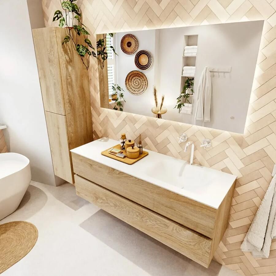Mondiaz VICA 140cm badmeubel onderkast Washed Oak 2 lades. Wastafel CLOUD rechts 1 kraangat kleur Talc.