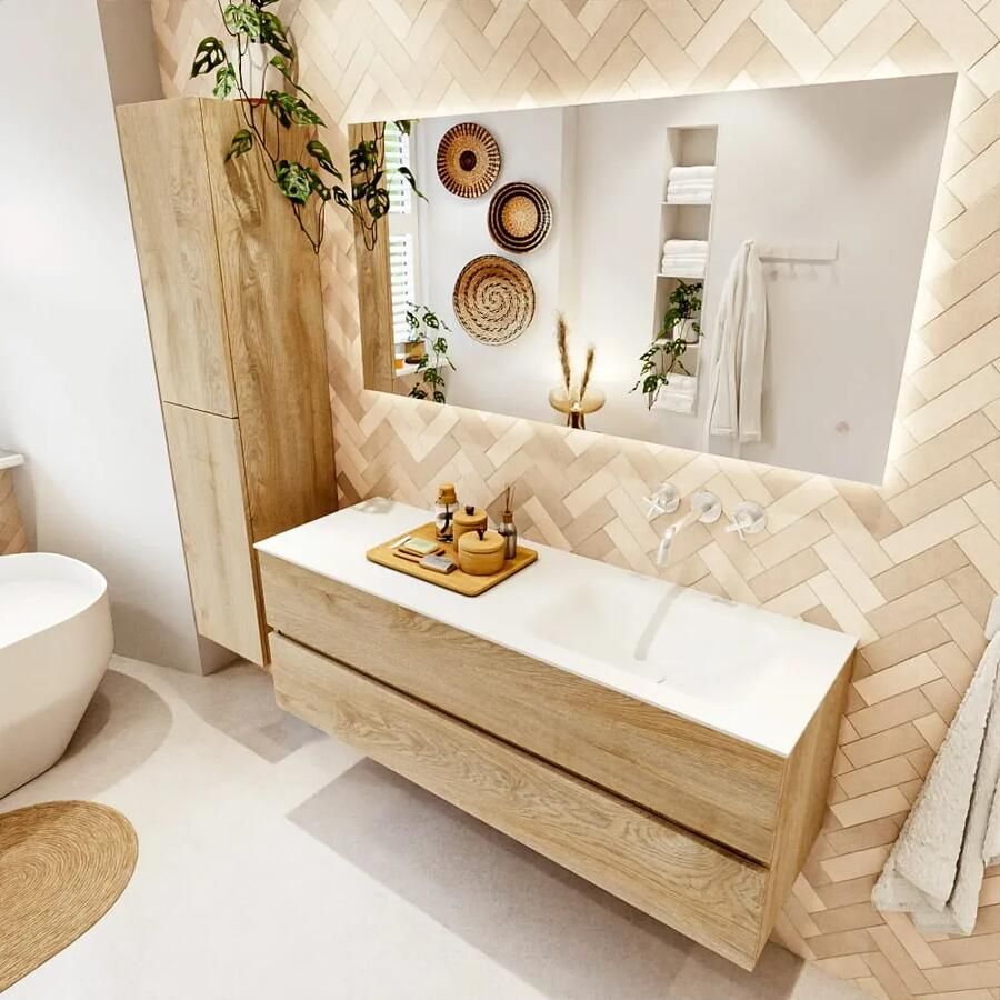 Mondiaz VICA 140cm badmeubel onderkast Washed Oak 2 lades. Wastafel CLOUD rechts zonder kraangat kleur Talc.
