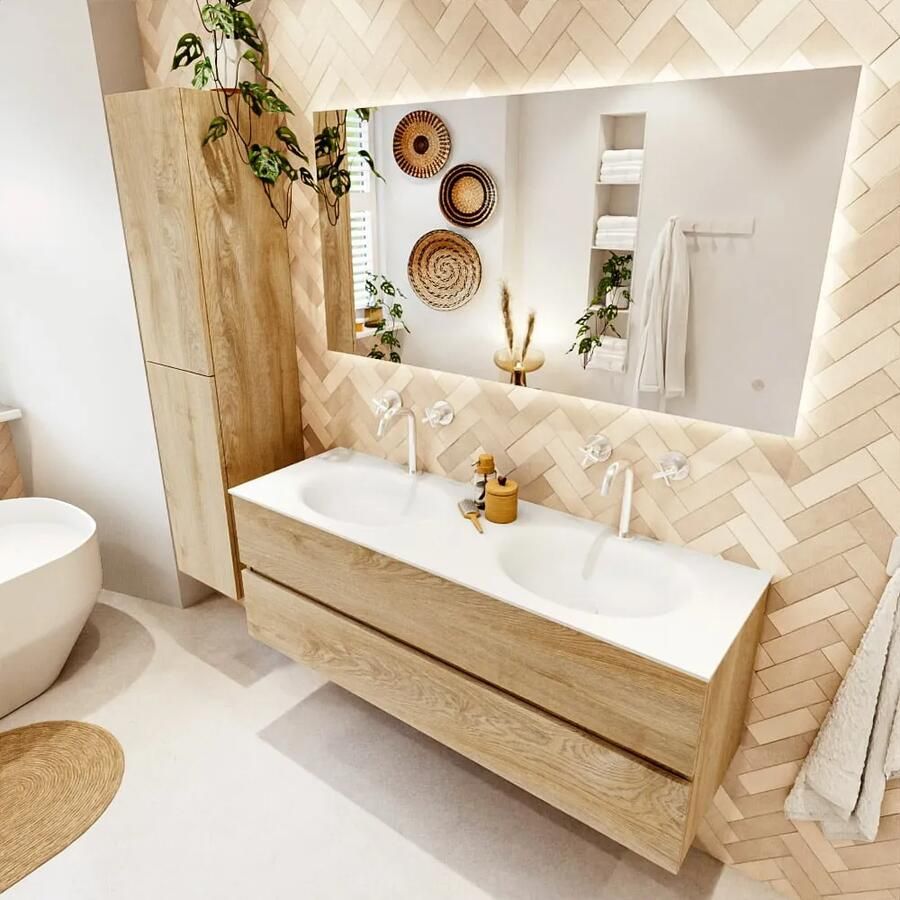 Mondiaz VICA 140cm badmeubel onderkast Washed Oak 2 lades. Wastafel MOON dubbel 2 kraangaten kleur Talc.