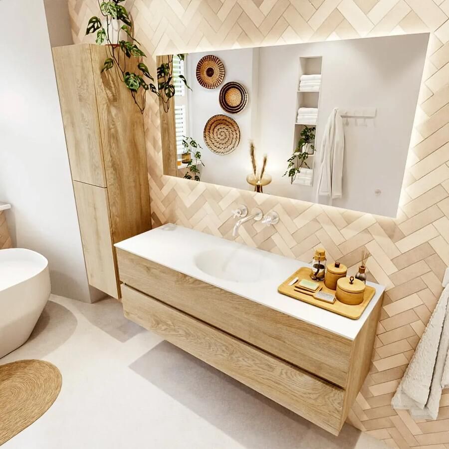 Mondiaz VICA 140cm badmeubel onderkast Washed Oak 2 lades. Wastafel MOON midden zonder kraangat kleur Talc.
