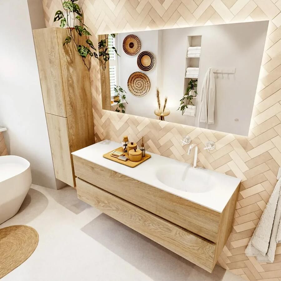 Mondiaz VICA 140cm badmeubel onderkast Washed Oak 2 lades. Wastafel MOON rechts 1 kraangat kleur Talc.