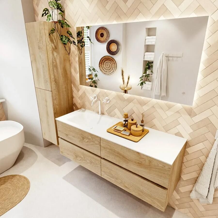 Mondiaz VICA 140cm badmeubel onderkast Washed Oak 4 lades. Wastafel CLOUD links 1 kraangat kleur Talc.